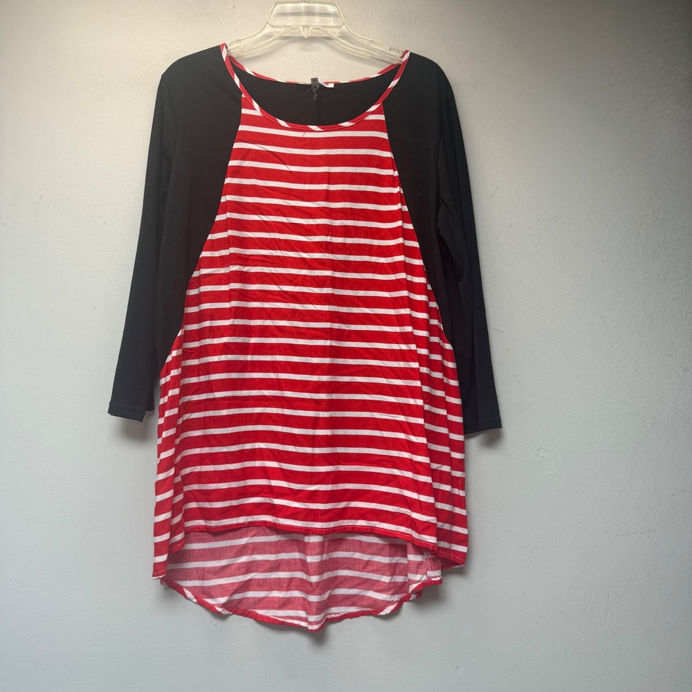 Occasionally Made Tunic Top Womens L Red White Black Striped High Low Excellent